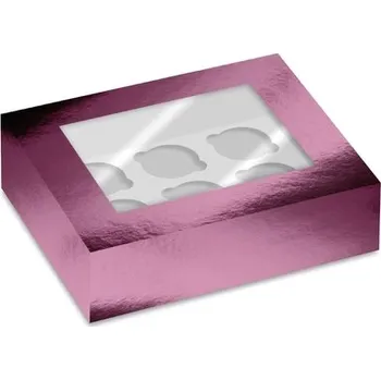 Čokoláda RŮŽOVÁ METALICKÁ krabička na cupcakes s okénkem – na 6 ks cupcakes