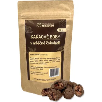 Čokoládovna Troubelice Kakaové boby v mléčné čokoládě Hmotnost: 150 g