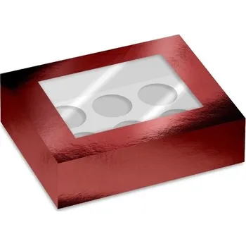 Čokoláda ČERVENÁ METALICKÁ krabička na cupcakes s okénkem – 6 ks