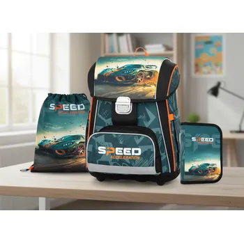 Školní batoh Oxybag Školní sada set 3ks PREMIUM Auto batoh vhodný i pro prvňáčky, penál, sáček 0-81624