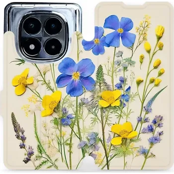 Flipové pouzdro Mobiwear - Xiaomi Redmi Note 14 Pro 5G - VP41S Modré a žluté kvítky (Knížkové flip pouzdro, obal, kryt na mobil Xiaomi Redmi Note 14 Pro 5G - VP41S Modré a žluté kvítky, materiál Umělá kůže + TPU - ochrana 360°, stojánek, silikonová vaničk