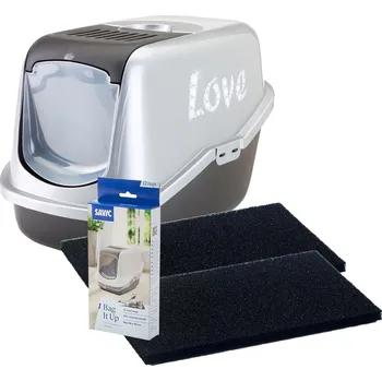 Toaleta pro kočku Toaleta "Love" + 2 x náhradní uhlíkový filtr + 12 ks Bag it up