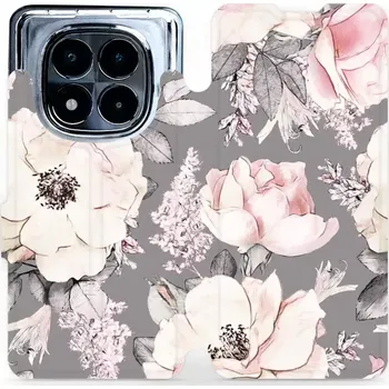 Flipové pouzdro Mobiwear - Xiaomi Redmi Note 14 Pro 5G - MX06S Květy na šedém pozadí (Knížkové flip pouzdro, obal, kryt na mobil Xiaomi Redmi Note 14 Pro 5G - MX06S Květy na šedém pozadí, materiál Umělá kůže + TPU - ochrana 360°, stojánek, silikonová)