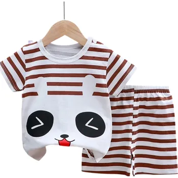 Unisex dětský set tričko s krátkým rukávem a kraťasy na gumu Bavlněný komplet s hnědým pruhovaným tričkem a potiskem králíka 12-18 měsíců