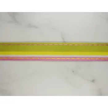 Stuha Plátnová stuha se vzorem, monofilem a drátem, 25mm, žluto-zeleno-fialová