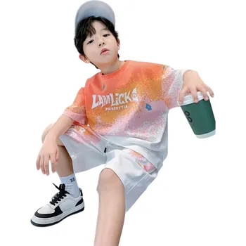 Dětský letní set barevné tričko s krátkým rukávem a kraťasy se zavazováním na tkaničku Potisk pohodlné oblečení na léto oranžová 14