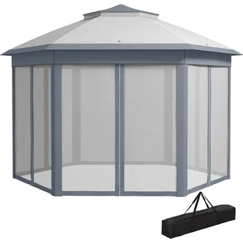 Zahradní altán Outsunny zahradní altán skládací altán 4 x 4 m pop-up stan párty stan včetně tašky na přenášení 6 bočních dílů dvojitá střecha šestihranná šedá | Aosom