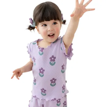 Dětský dívčí letní set tričko s krátkým rukávem a kraťasy na gumu Fialová souprava s květinovým potiskem pro každý den 5
