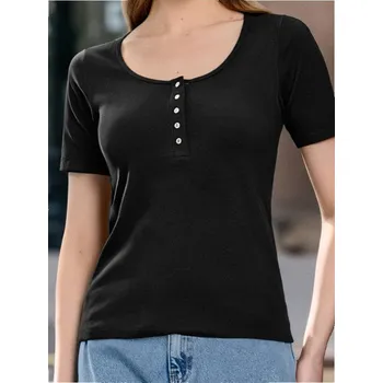 Dámské tričko Sinsay - Žebrované tričko s knoflíky - černá - 501EU-99X - 501EU-99X-L