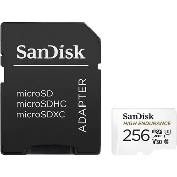 Paměťová karta SanDisk High Endurance microSDXC 256GB / C10, U3, V30 / Full HD / 4K videos / dash cams & home monitoring / + SD Adaptér