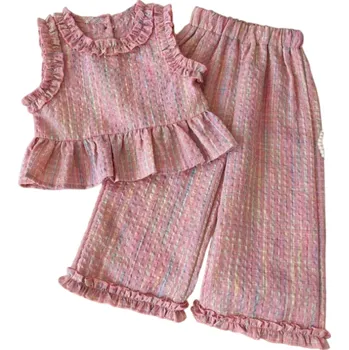 Dětský dívčí letní set tílko se širokými ramínky na knoflíky s řasením a kalhoty na gumu Pohodlná souprava na léto 12-18 měsíců