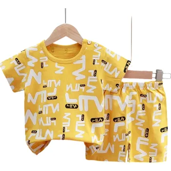 Dětský set tričko s krátkým rukávem a kraťasy na gumu Unisex bavlněný komplet se žlutým tričkem a potiskem znaků 6-9 měsíců