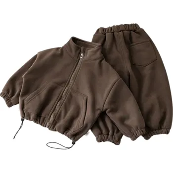 Dětský unisex set mikina s rolákem na zip a kalhoty na gumu s kapsami Pohodlná souprava na každodenní nošení do školky i ven hnědá 12-18 měsíců