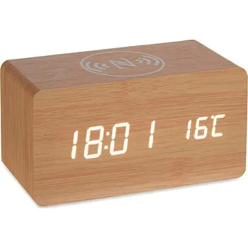 Budík Giftdecor Stolní hodiny s bezdrátovou nabíječkou mobilu, hnědé