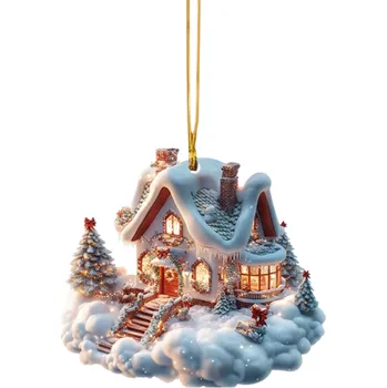 Vánoce Zimní vitrážová dekorace zasněžená chaloupka 8 x 7 cm Vánoční závěsný přívěsek se šňůrkou na okno strom i domácí výzdobu