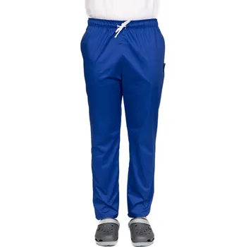 Zdravotnický oděv Modré zdravotní kalhoty s elastanem, pánské, se stahovací šňůrkou v pase a dvěma bočními kapsami.