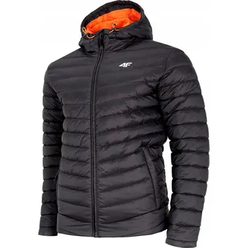 4F Pánská prošívaná bunda černá teplá zimní s kapucí péřová vel L