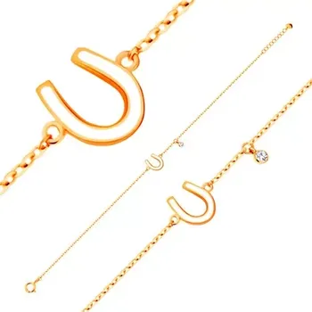 Náramek Náramek ve žlutém zlatě 585 - lesklá podkůvka s bílou glazurou, čirý zirkon