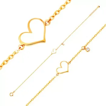 Náramek Zlatý náramek 585 - bílé asymetrické srdce a čirý zirkonek, tenký řetízek