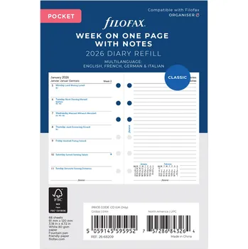 Kalendář Filofax, Kalendář 2026 kapesní, týden/1 strana, pozn, 4 jazyky