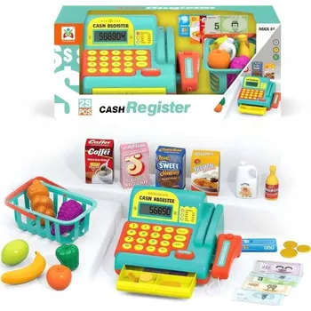 Hra na obchod POKLADNA S KALKULAČKOU, BAREVNÝ SKENER SE ZVUKEM, PENÍZE A PRODUKTY