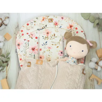 SET Podložka prodloužená (Floral, old pink fleece) + copánková deka (light cappucino, krémový fleece)