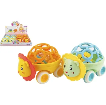 Teddies Chrastítko autíčko zvířátko plast 14cm 2 barvy na volný chod 8ks v boxu 3m+