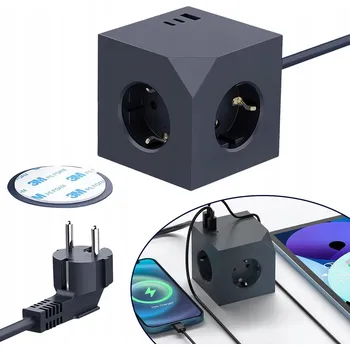 Napájecí kabel USB Prodlužovací kabel KOSTKA 3 zásuvky Rozbočovač vypínač + 2 USB-C + 1 USB-A