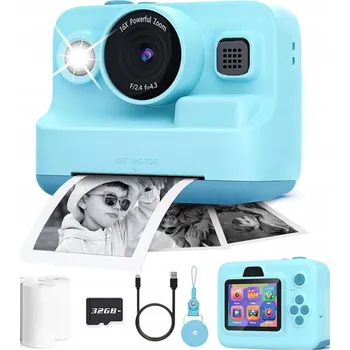 Digitální kompakt Instantní Fotoaparát s Tiskárnou, Video Hry a 3 Role Papíru - Modrý