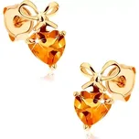 Náušnice ve žlutém 14K zlatě - žluté citrínové srdíčko s uvázanou mašlí