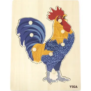 Dřevěná hračka DŘEVĚNÉ PUZZLE MONTESSORI SKLÁDAČKA KOHOUT S KOLÍČKY 8 dílů VIGA
