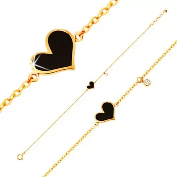 Náramek Náramek ve žlutém 14K zlatě - černé asymetrické srdce a čirý zirkonek, řetízek