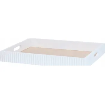 Dřevěný podnos na servírování s žebrovaným okrajem, dekorativní, 37x27 cm, MDF, BÍLÝ