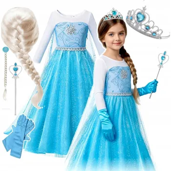 Karnevalový kostým KOSTÝM ELSA 122 128 PŘÍSLUŠENSTVÍ PARUKA ŠATY PŘEVLEK PLES KARANTÉN FROZEN