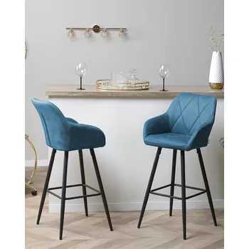 Barová židle Sada 2 barových stoliček modrá látka čalouněná s područkami Prošívané opěradlo Černé kovové nohy Beliani