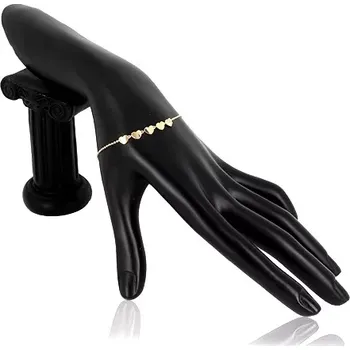 Náramek Blýskavý zlatý 14K náramek - linie pěti srdíček, řetízek z oválných oček