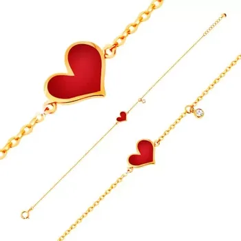 Náramek Náramek ve žlutém 14K zlatě - červené nepravidelné srdce a čirý zirkonek, řetízek