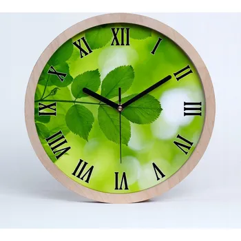 Hodiny Dřevěné nástěnné hodiny zelené listy průměr 25 cm