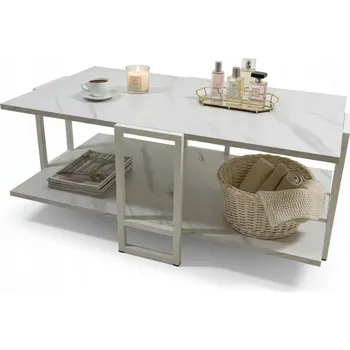 Konferenční stolek Konferenční stolek obdélníkový bílý mramor dřevěný stůl s policí do obýváku