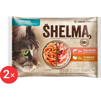 Krmivo pro kočku Shelma Kitten bezobilné dušené filetky losos a krůta pro koťata 2 balení 4 × 85 g