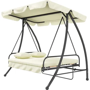 Zahradní houpačka Outsunny Outsuuny 2v1 verandová houpačka s polohovací funkcí, 3místná zahradní houpačka s nastavitelným střešním oknem, nosnost houpací lavice do 240 kg, 200 x 125 x 170 cm, krémově bílá