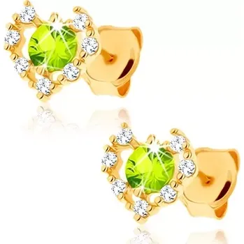 Náušnice Náušnice ze žlutého 14K zlata - čirý zirkonový obrys srdce, zelený olivín