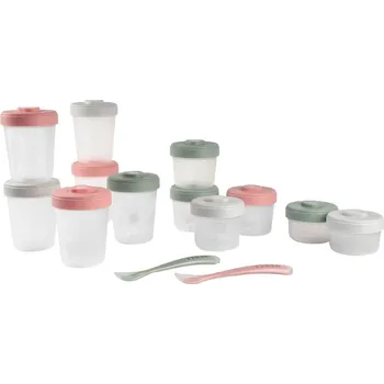 Stolování Beaba Sada kelímků na potraviny 12 ks + 2 eukalyptové lžičky růžová