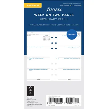 Náplň do diáře Filofax, Kalendář 2026 osobní, týden/2 strany, 5 jazyků