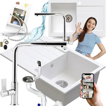 Granitový dřez GRANITOVÝ DŘEZ BÍLÝ JEDNOKOMOROVÝ S ODKAPÁVAČEM A BATERIÍ pro skříňku 50 cm