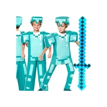 Karnevalový kostým Minecraft kostým Creeper s diamantovým brněním, kostým + LED meč a maska, velikost 122/128