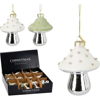 Vánoční ozdoba Skleněná ozdoba muchomůrka, zelená/bílá/stříbrná mix