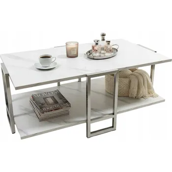 Konferenční stolek Konferenční stolek bílý mramorový obdélníkový dřevěný stůl s policí do obývacího pokoje