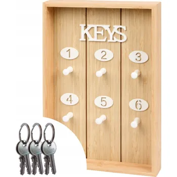 Skříňka na klíč HNĚDÁ ZÁVĚSNÁ SKŘÍŇKA NA KLÍČE S HÁČKY, ČÍSLY A MOTIVEM ŠUNKY 30X20CM DŘEVĚNÁ