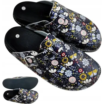 Dámská obuv NAZOUVÁKY Ortopedické zdravotní pantofle/dřeváky s květinovým vzorem, přírodní kůže, stélka FUSBET, vel. 38